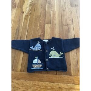 Art Walk Whales Boats Navy Baby Cardigan 24M Peru Made Cotton Unisex